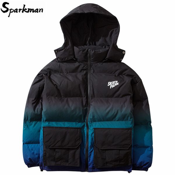 

men hip hop hooded jacket winter 2019 streetwear gradient color padded parka harajuku puffer jacker coat windbreaker outwear new, Black