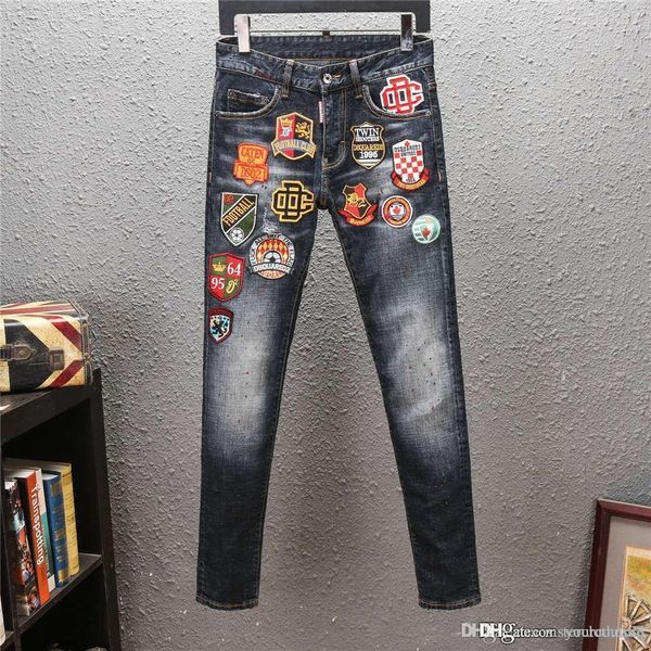 

новые 2020 мужские рваные байкер джинсы slim fit мотоцикл байкер denim для мужчин модельер хип-хоп мужчин брюки мужские узкие джинсы, Blue
