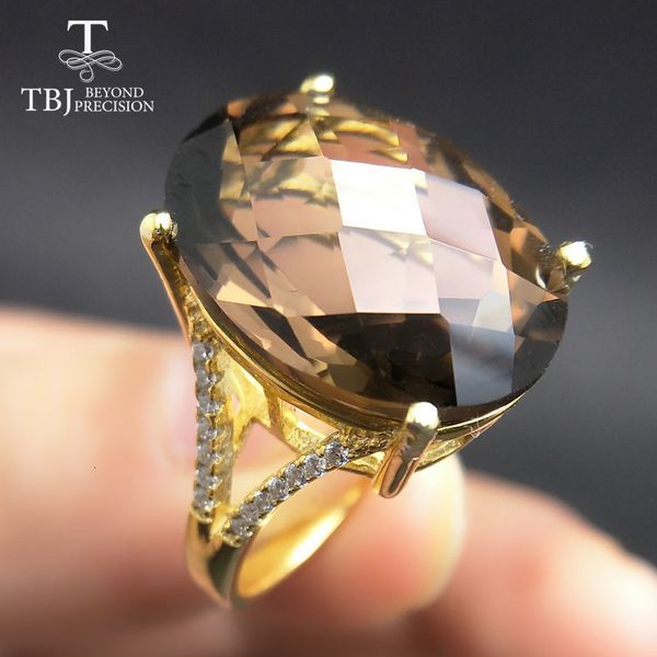 

tbj,big 11ct smoky gemstone ring in yellow gold color 925 sterling silver gemstone jewelry for girls with gift box cj191205, Slivery;golden