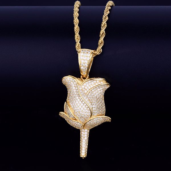 

rose flower petals pendant & necklace hip hop jewelry men's gold color cubic zircon with rope chain seller for drop shipping, Silver