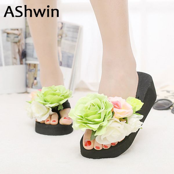 

ashwin handmade flower slippers women slippers beach shoes wedge platform slipper shoes woman bohemia hawaiian mules clogs, Black