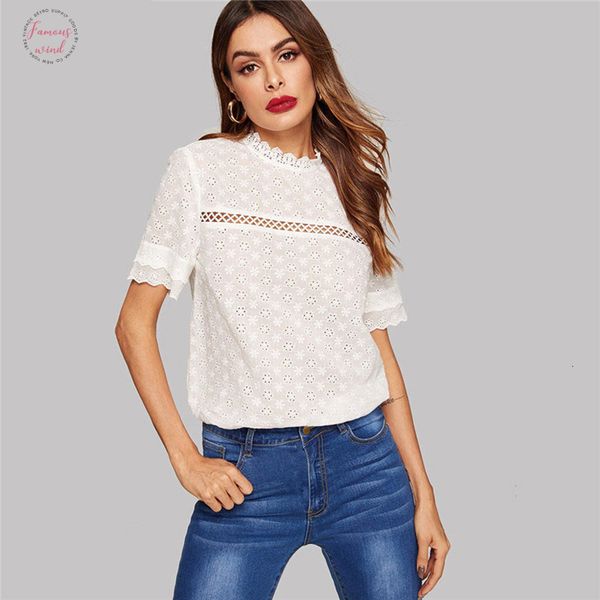 

eyelet embroidered lace insert mock neck white blouse summer stand collar stand collar bohemian cotton women and blouses