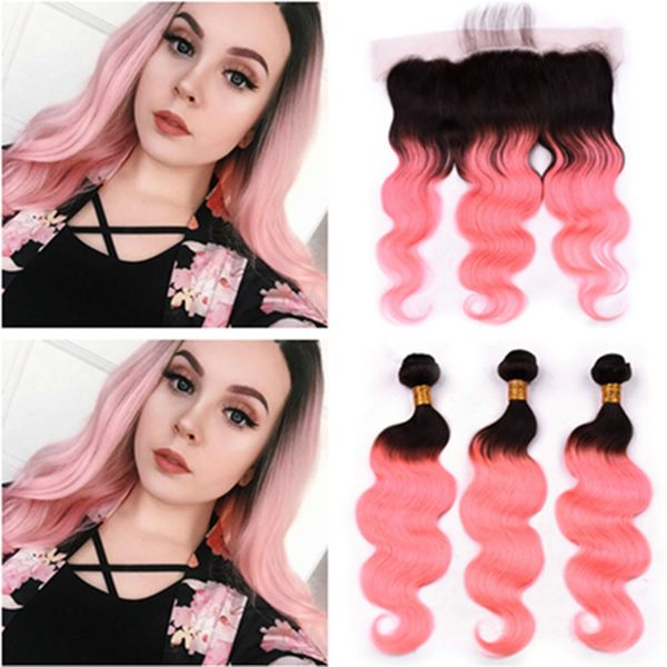 Black To Pink Ombre Peruvian Human Hair Weaves With Frontal