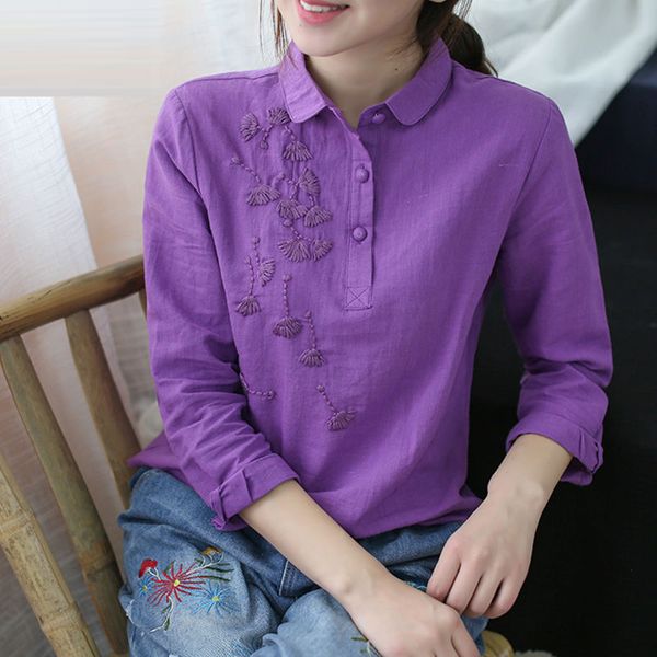 

100% cotton embroidery shirts autumn women long sleeve vintage blouse turn-down collar casual blusas mujer plus size s214, White