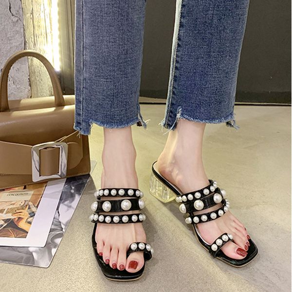 

slippers women summer high-heeled shoes lady pantofle slides string bead rubber flip flops med heels 2020, Black