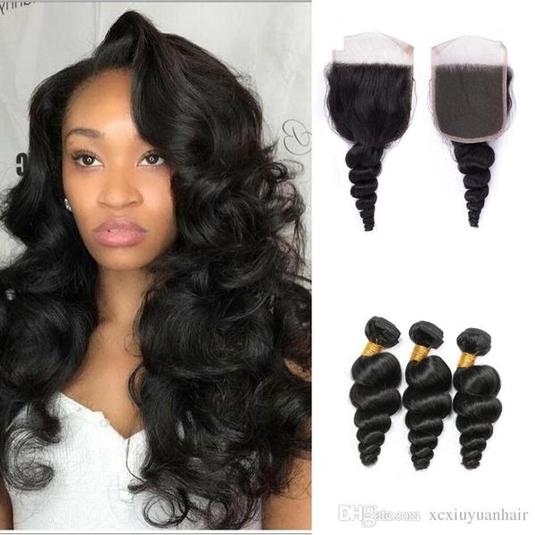 

loose wave remy human hair bundles with frontal cuticle aligned loose wave virgin human hair bundles with 4x4 lace closure, Black;brown