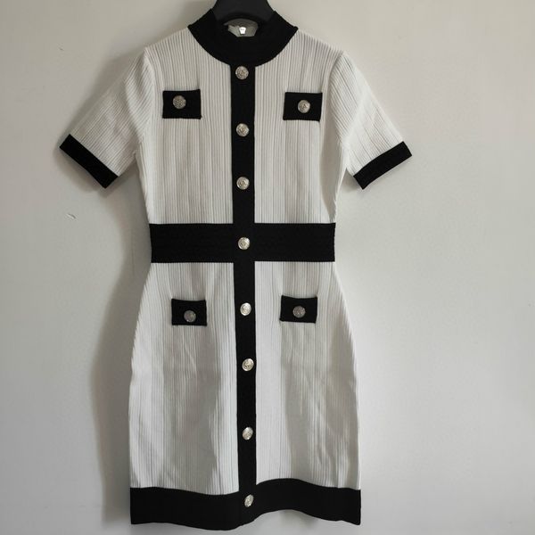 

women designer brand dresses short sleeve lady luxury casual button decoration dress simple fashion back zip spring 2020 high quality, Black;gray