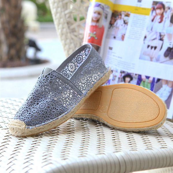 

new style summer korean-style linen sole espadrilles lace hollow out slip-on lazy fisherman shoes women's casual mesh shoes, Black