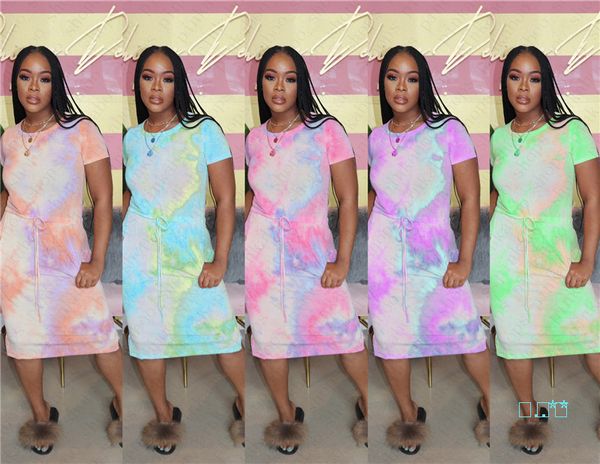

2020 summer women's tie-dye printed dresses ladies casual trendy short sleeve lace-up elastic waist tea-length dress party cloth s-xxl, White