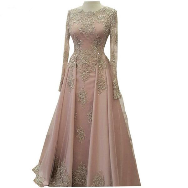

long sleeves evening dresses with lace applique bead party dress 2019 tulle elegant blush pink prom dress vestido longo fenda, Black;red