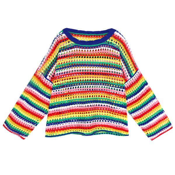 

2019 new fashion medium long striped fish net shirt hollow thin section loose long sleeve pullover women's knitting sweater, White;black