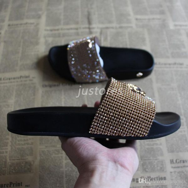 

2018 size 35-46 fashion man designer shoe metal logo slide rhinestone sandal summer gladiator sandal lady shoes woman luxury slippers, Black