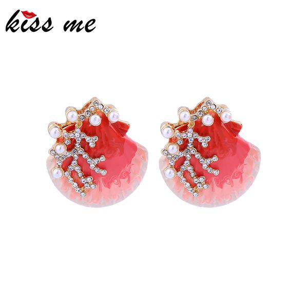 

kissme cute red enamel shell drop earrings for women gifts unique crystal acrylic pearl coral ear pin gold color fashion jewelry, Silver