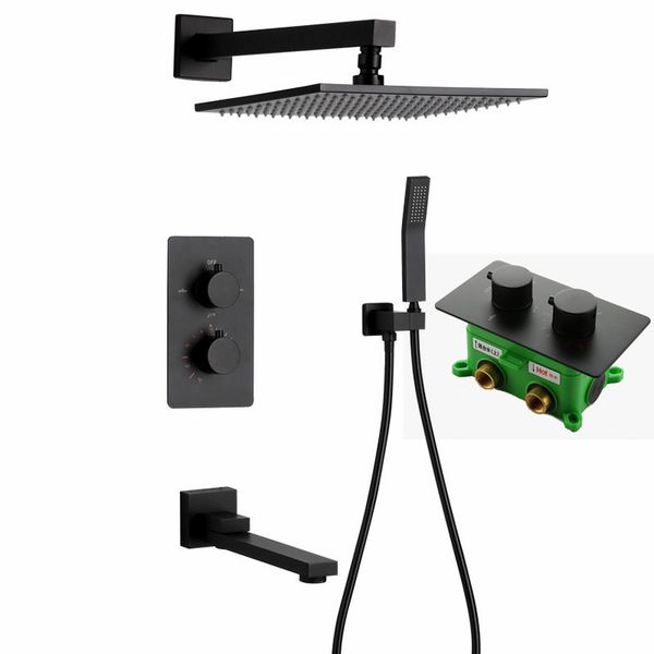 

matte black color stainless steel square rain shower thermostatic shower mixer valve with spout and shower s128