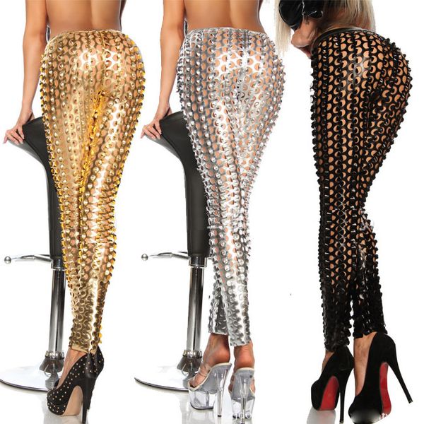 

western style punk rock and roll metal bright skin scale with holes leggings leggings, Black