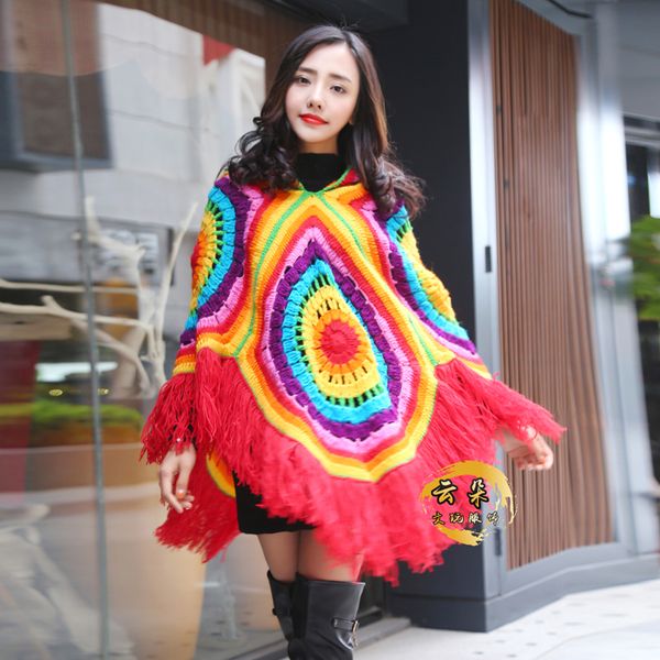

2019 tassels rainbow 100% wool cloak hooded coat loose outerwear hand made national women sweaters spring winter, Black