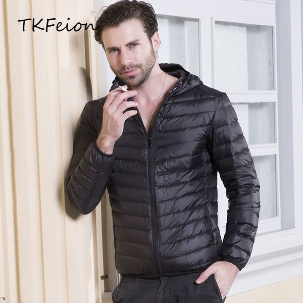 

men slim autumn winter jacket light thin style male fall coat duck down filler solid striped windbreaker armygreen plus size 3xl, Black;brown