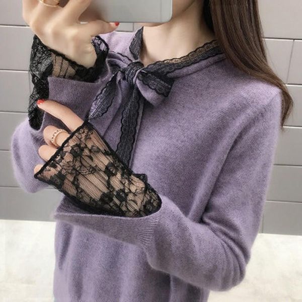 

fall winter women sweaters pullovers long sleeve knitted jumper sweaters bowknot neck lace patchwork, White;black