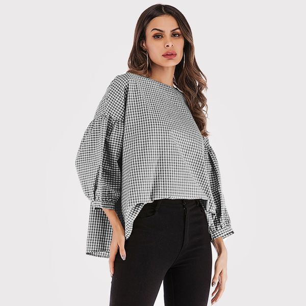 

new loose casual lattice shirt blouse women 2019 summer o neck puff sleeve womens shirts blouse female shirt top, White