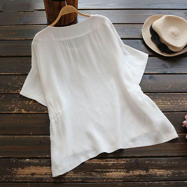 

womens solid blouse short sleeve cotton and linen round neck loose shirt blouse chemise femme casual summer womens and blouses, White
