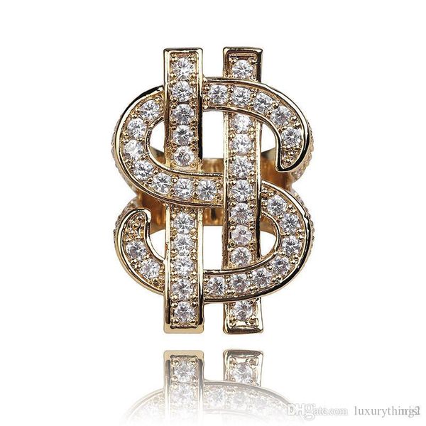 

hip hop rock gold silver plated us dollar sign hollow iced out full zircon rings for men jewelry gift, Golden;silver