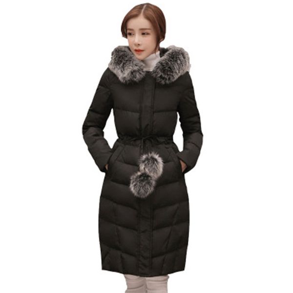 

long thick slim fur collar hooded down coat women long sleeve warm zipper lacing down coat fashion elegant outwears winter, Black