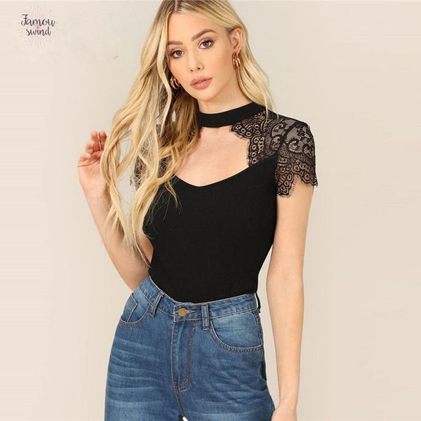 

eyelash lace insert tshirt cutout choker neck elegant black tee 2019 slim summer women stand collar, White