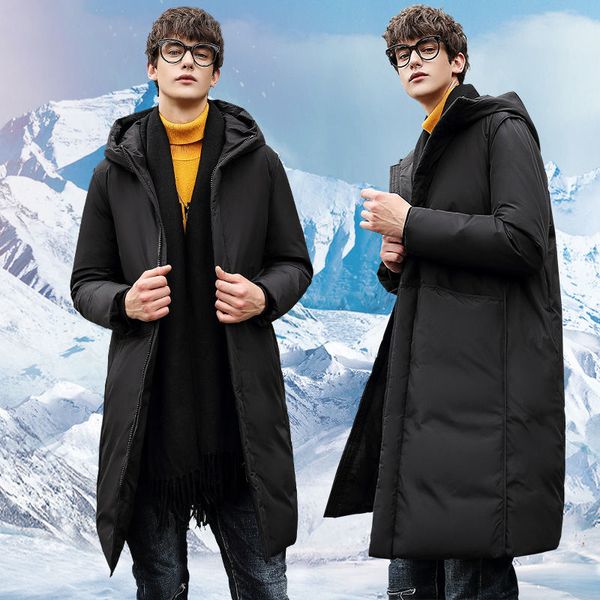 

winter jacket men hooded thicken warm parka coat casual slim mens overcoat long slim down padded jacket, Black