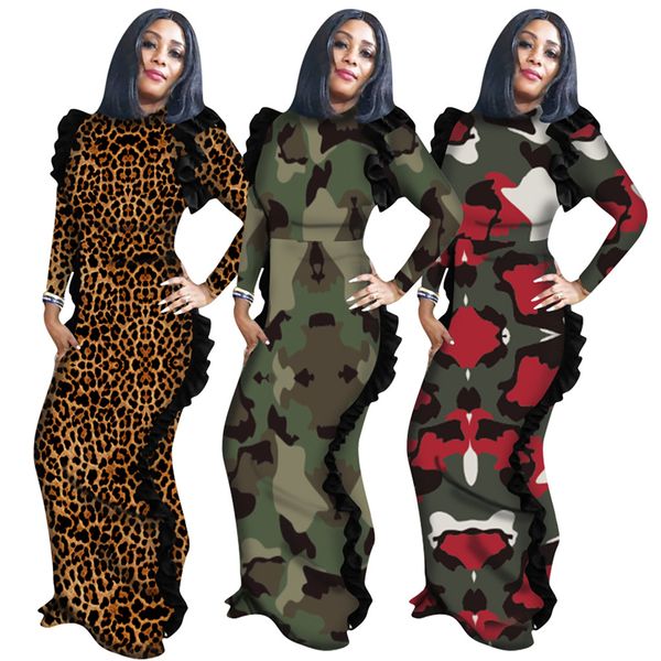 

camouflage leopard o-neck long sleeves back splits panelled floor length bodycon sheath maxi long ruffles party evening dresses for women, White;black
