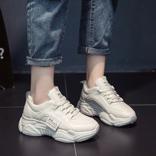 

w- autumn and winter fashion wild lace up plus velvet casual increase outdoor daily solid color comfortable women's shoes, Black