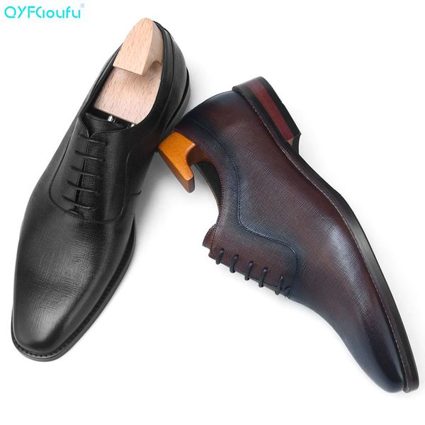

qyfcioufu 2019 luxury designer men genuine leather dress shoes wedding brand male oxford shoes luxury italian lace-up men, Black
