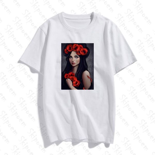 

gothic style rose with girl t shirt women kawaii gothic harajuku korean style short sleeve cotton plus size streetwear tees, White