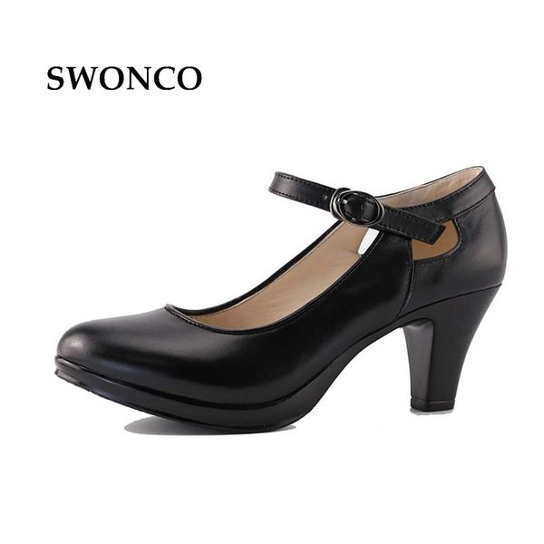 

genuine leather 35-40size black high-heeled square heel woman ol shoes with round toe thick straps pumps sandals shoes