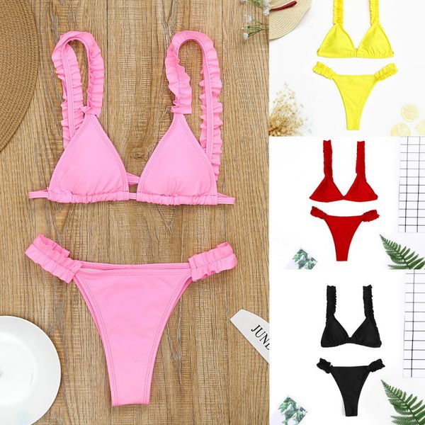 

thong bikini brazilian ruffles swimsuit female split solid bikini tanga mujer 2020 new push up swimwear women beachwear
