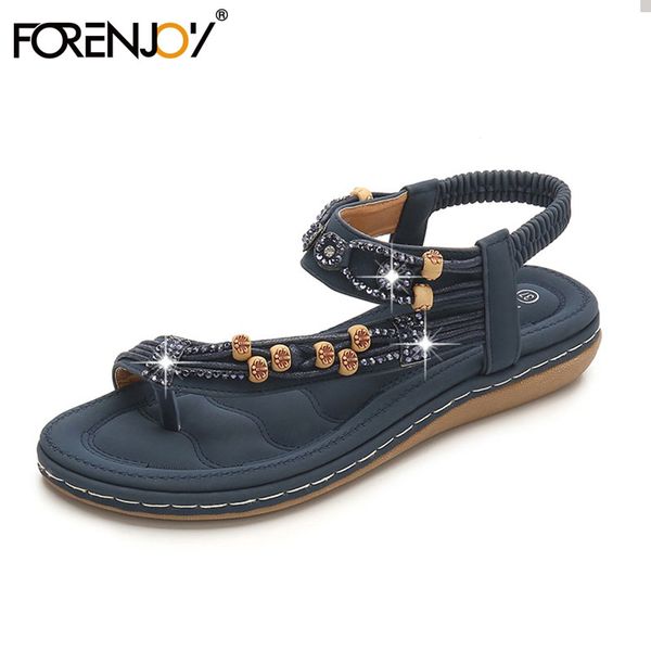 

forenjoy sandali mare sandalas women shoes bohemia rhinestone beaded gladiator round head flat soft soled shoes zapatos mujer, Black