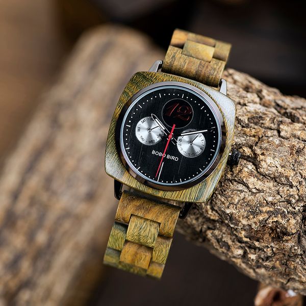 

men watch wooden quartz wristwatch male saat erkek bobo bird show date week create clock gift in wood box, Slivery;brown