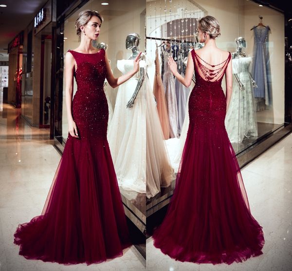 

fashion elegant dresses round neck open back beading mermaid wine red tulle long party formal evening dresses women prom gowns, Black;red