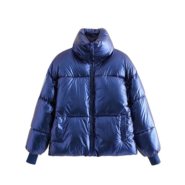 

sovalro solid women causal parkas winter stand collar long sleeve femme outerwear zipper pockets loose bright bread cotton coats, Black