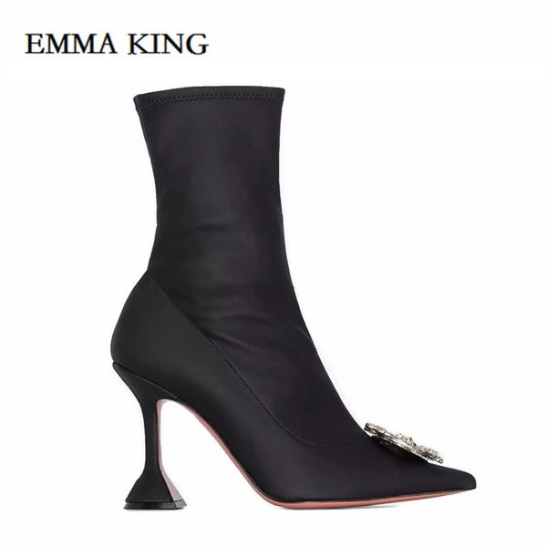 

designer women diamante embellished ankle boots woman spike high heels sock boot pointed toe chaussures femme crystal women shoe, Black
