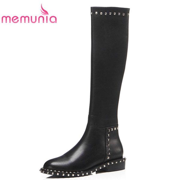 

memunia 2018 new fashion square low heel genuine leather boots slip on round toe knee high boots for women rivet winter, Black