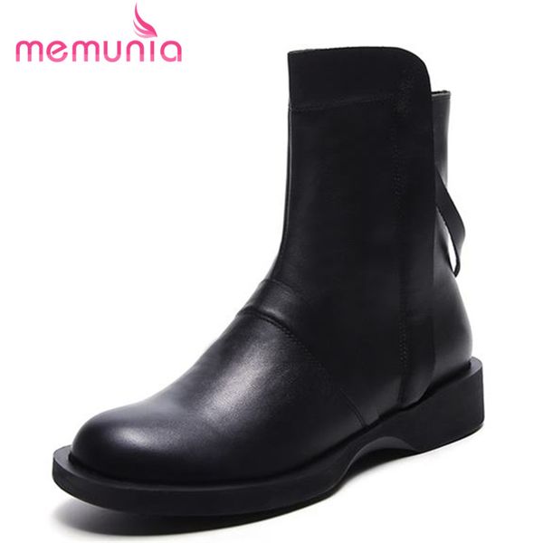 

memunia 2018 new arrival genuine leather boots round toe fashion autumn winter women ankle boots comfortable low heels shoes, Black
