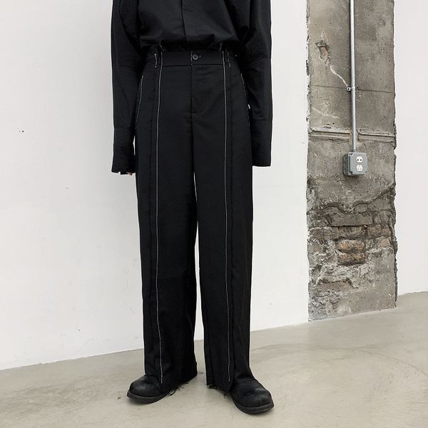 

male japan harajuku style street fashion show trousers suit pant men vintage old fringe white line wide leg casual pant, Black