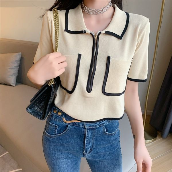 

темперамент контраст цвета короткий свитер 2020 летний новый высокой талией дизайн zipper отворотом тонкая рубашка женщины, White