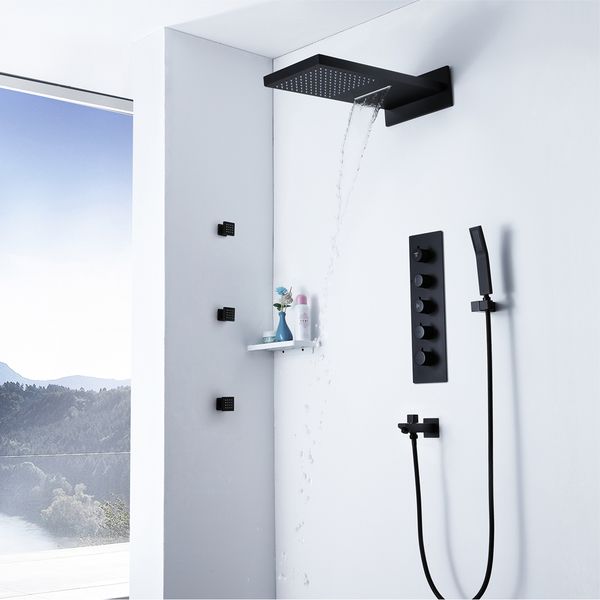 

wall mounted rainfall showerhead waterfall bathroom brass black thermostatic shower faucets with spray massage rain jets