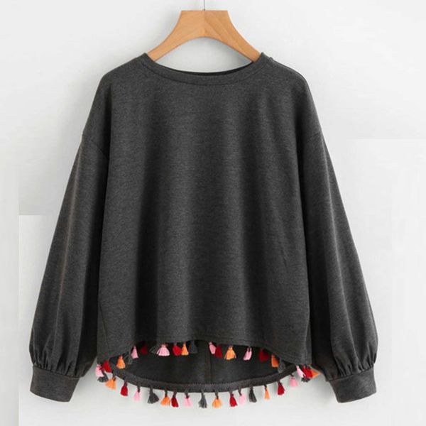 

women's sweatshirt pullovers tassel casual autumn long sleeve o-neck solid jumper sweatshirt blouse loose casual moletom, Black