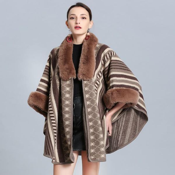 

new autumn winter women's stripe loose poncho knitwear coat faux fur v collar cardigan shawl cape cloak outwear coat c4058, Black