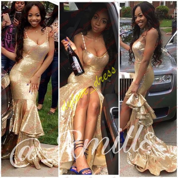 

2019 elegant long plus size african black girl mermaid gold prom dresses vestidos de fiesta arabic formal dress sequined evening gowns