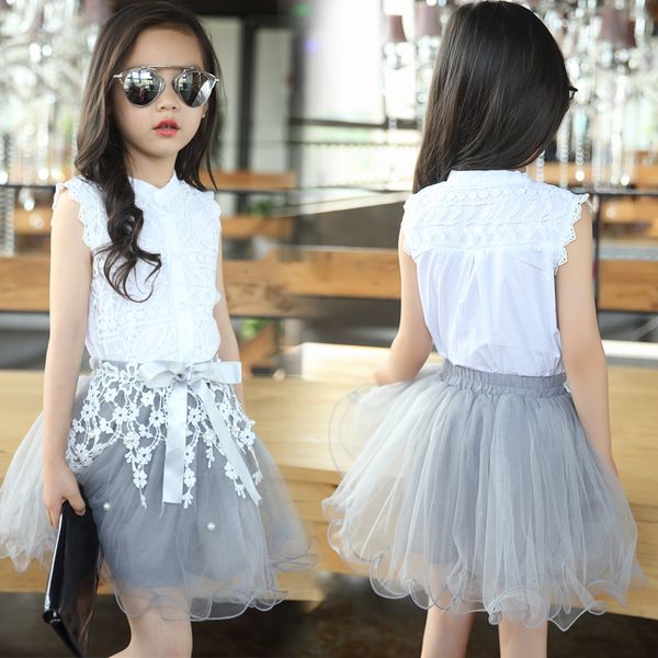 

2019 girls clothing sets summer lace fashion style baby clothes for girls t-shirt + skirts 2pcs kids flower cupcake cute skirt t200526, White