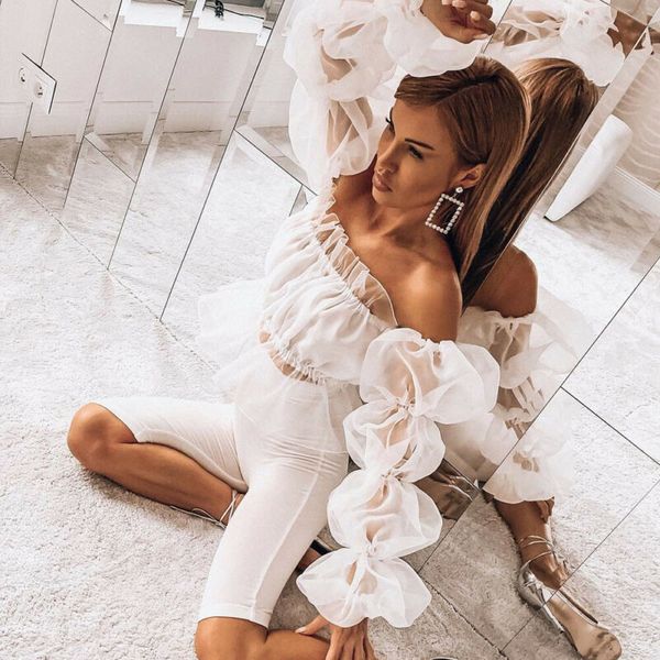 

fashion womens ladies puff sleeve off shoulder see through frilly blouse women lace elegant crop mesh sheer blouse, White
