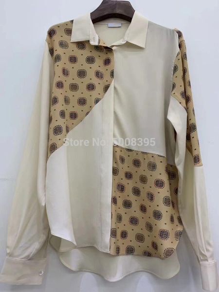 

elfstyle] - luxurious silk blend costaros blouse patchwork print turn down collar button up fashion shirt woman, White